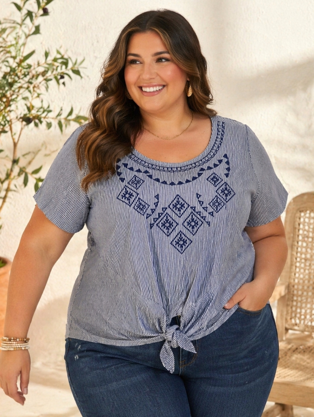 NWT! Lane Bryant Blue & White Striped Embroidered Tie Blouse Plus Size 26/28